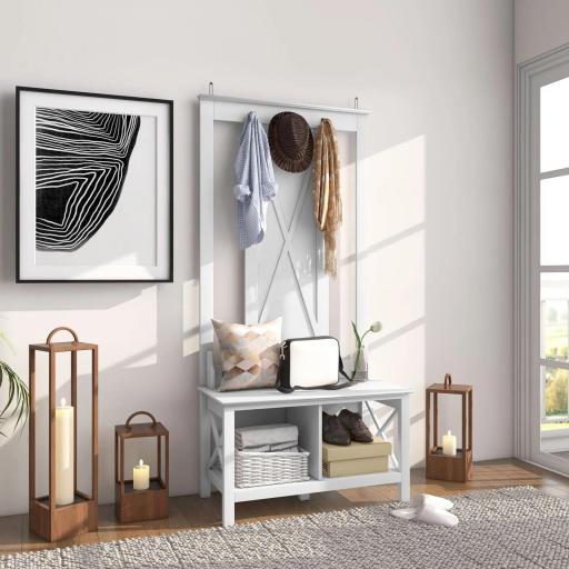 Perchero con Zapatero de Madera con 2 Estantes y 3 Ganchos para Colgar Ropas Bolsos 80,5x40x168 cm Blanco