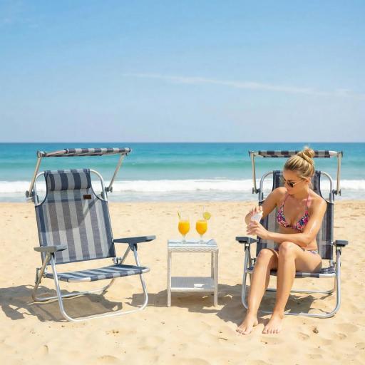 Juego de 2 Sillas de Playa Plegables con Dosel Ajustable Respaldo Reclinable 6 Posiciones Reposacabezas Azul y Blanco [0]