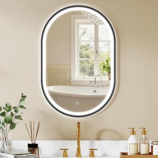 Espejo de Baño con Luz 60x90 cm Espejo de Pared Ovalado 3 Colores de Luz Brillo Regulable Función Antivaho Negro
