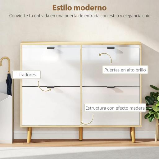 Zapatero Estrecho con 4 Puertas en Blanco Brillo Estantes Ajustables Patas de Madera para 20 Pares de Zapatos [5]