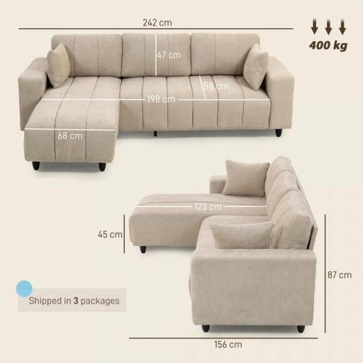 Sofá Chaise Longue Reversible de 3 Plazas 2 Almohadas Tapizado en Lino Marco de Acero 242x156x87 cm Beige [1]