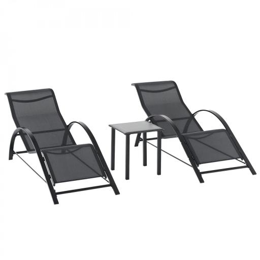 Set de 2 Tumbonas Jardín Exterior con Mesa Auxiliar de Vidrio Templado Tumbonas con Respaldo Reposabrazos para Patio Piscina Terraza Exterior Negro [10]