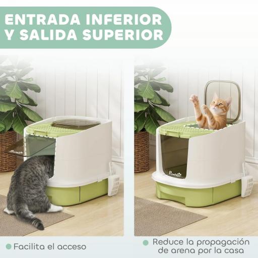 Arenero Cerrado para Gatos con Entrada Frontal Salida Superior Bandeja Extraíble y Pala 40,5x52,5x42,5 cm Blanco y Verde [5]