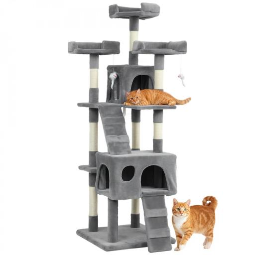 Árbol Rascador para Gatos Árbol para Gatos 153 cm con 2 Cuevas 3 Camas 2 Rampas Postes de Sisal Ratones Colgantes Gris [9]