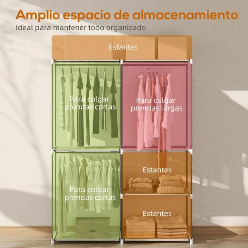 Armario de Ropa Armario Abierto con 4 Estantes de Tela 3 Barras para Colgar Marco de Metal 142x43x185 cm Crema [7]