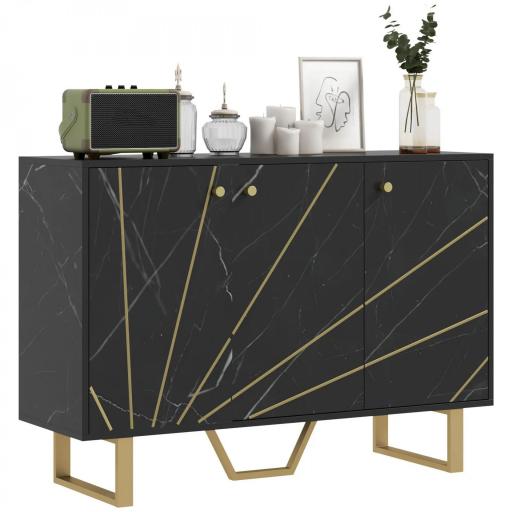 Aparador de Salón con 2 Armarios y Estante Interior Ajustable Buffet acabado Efecto Mármol 107x35x75 cm Negro y Dorado [3]