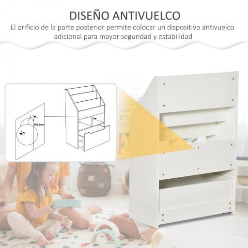 Estantería Infantil de Madera con 3 Compartimentos 2 Cubos y Cajón Móvil con 4 Ruedas 60x29,9x90 cm Blanco [4]