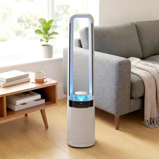 Ventilador de Torre Silencioso sin Aspas con Luces LED de 4 Colores Mando a Distancia Temporizador de 12 horas Blanco [2]