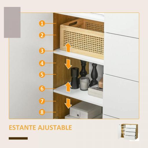 Aparador de Salón Cajonera y Cómoda con 4 Cajones Puerta y Estantes Ajustables 105x35x92 cm Blanco y Natural [9]