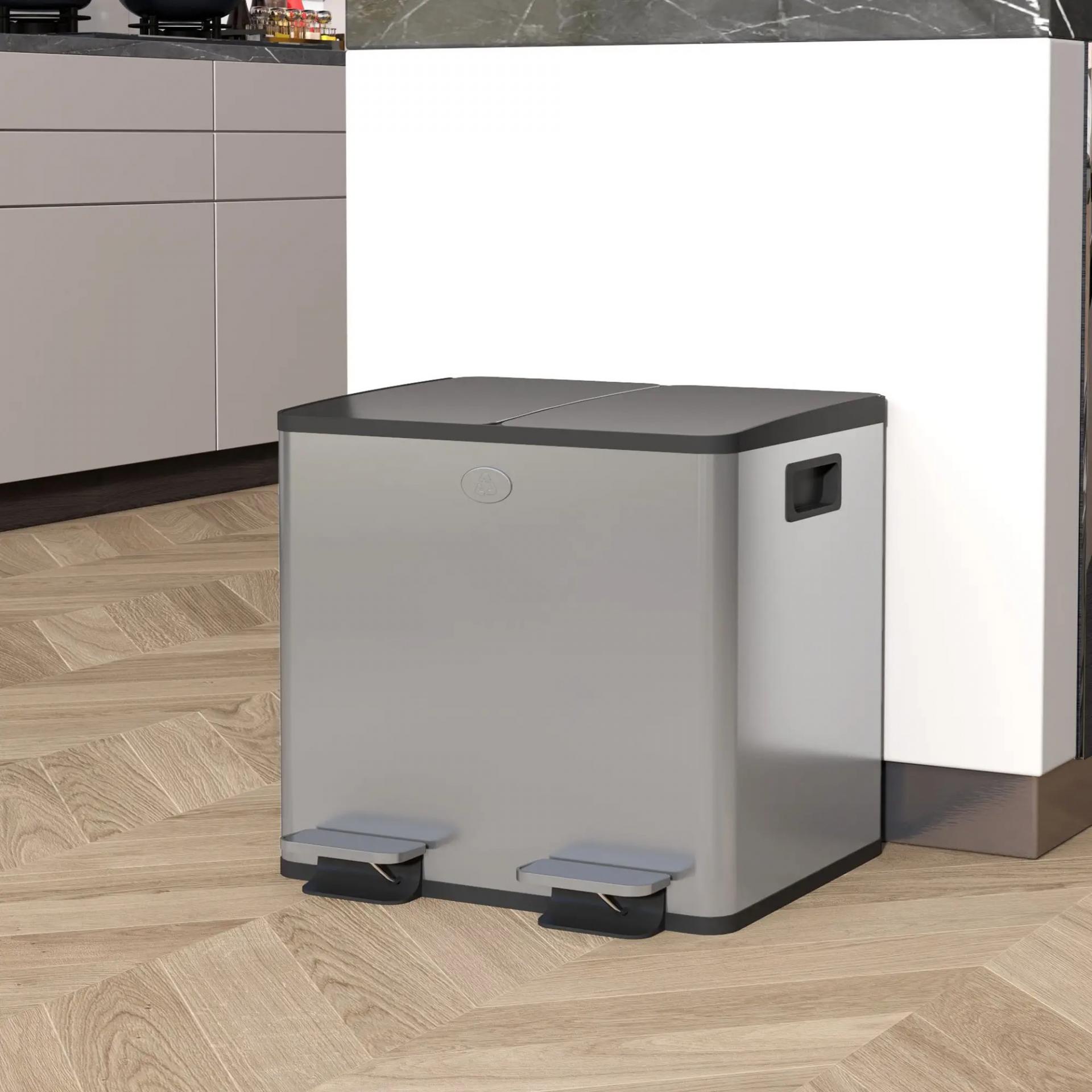 Papelera de Cocina de Acero Inoxidable con 2 Compartimentos 2x15L Pedales Tapas de Cierre Suave y Cubo Extraíble Plata