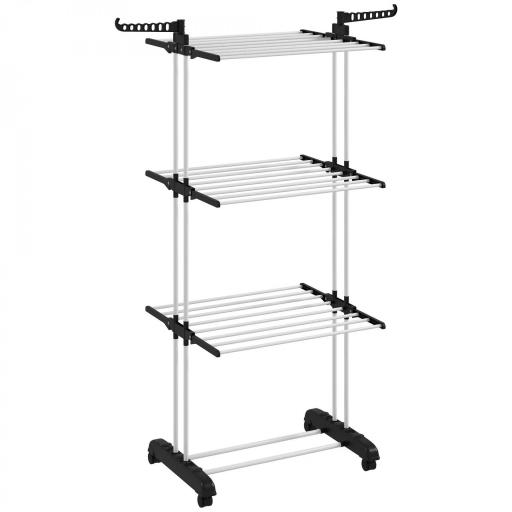 Tendedero de Ropa Plegable con Ruedas 3 Niveles con Alas Plegables y Colgadores 73x64x172 cm Negro y Blanco [11]