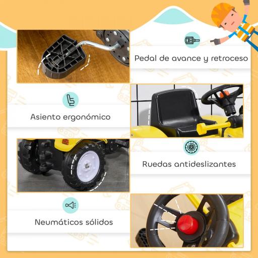 Tractor a Pedales para Niños a partir de 3 Años Excavadora con Pala Delantera Carga 35 kg 114x41x52 cm Amarillo [4]