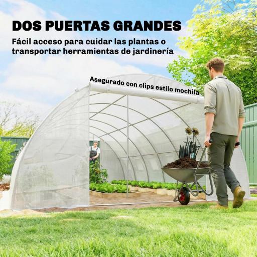 Invernadero de Túnel con 2 Varillas de Soporte 2 Puertas Enrollables y Ventanas de Malla Cubierta de PE Anti-UV Blanco [3]