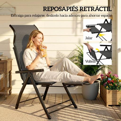 Pack de 2 Sillas Plegables Reclinables de Jardín Exterior con Respaldo Alto Ajustable en 5 Posiciones Reposapiés Gris [4]