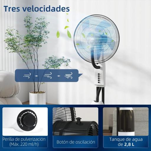 Ventilador Nebulizador Oscilante 90 W Tanque 2,8L 3 Velocidades 5 Aspas y Ruedas Ø44,5x120 cm Blanco [4]