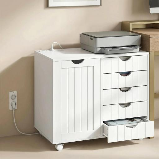 Mueble para Impresora con Estación de Carga y Ruedas 5 Cajones Puertos USB Estante Ajustable Blanco [0]