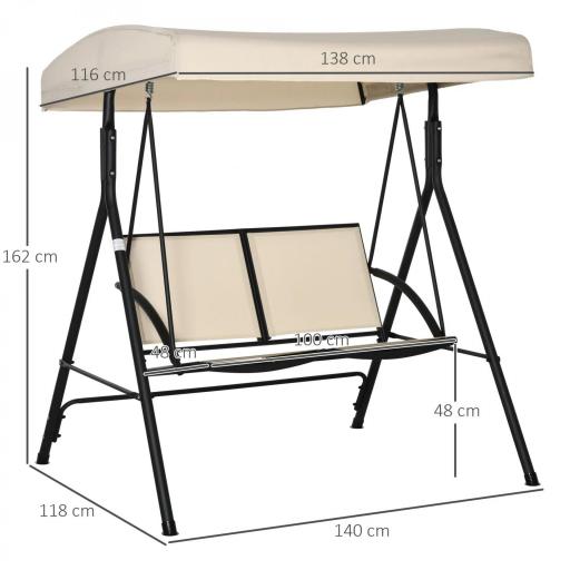 Columpio de Jardín Exterior de 2 Plazas Techo Ajustable y Marco de Acero Asientos de Textilene 140x118x162 cm Beige [1]