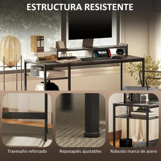 Mesa de Escritorio con Estantes Laterales Soporte para Monitor Ajustable y Estructura Móvil 120x48x85,5 cm Gris Carbón [3]