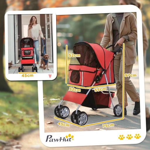 Carrito para Perros Pequeños con Toldo Ajustable Cesta de Almacenaje Portavasos y 2 Ruedas Universales 75x45x97 cm Rojo [3]