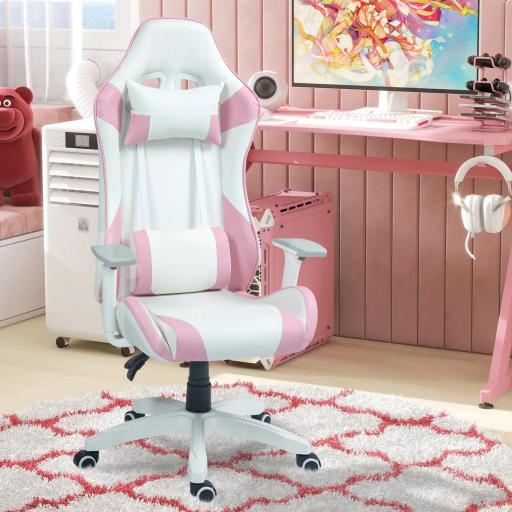 Silla Gamer con Cojín Lumbar Reposabrazos Ajustable Reposacabezas Extraíble y Altura Ajustable 67x60x120-128 cm Rosa