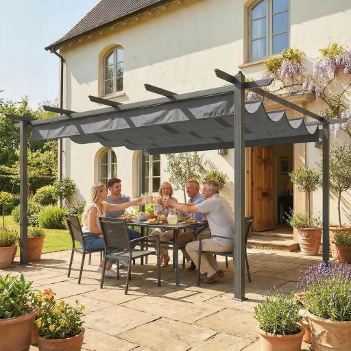 Pérgola de Jardín 4x3 m con Techo Retráctil Estructura de Aluminio UPF30+ Orificios de Drenaje Pabellón Exterior Gris [3]