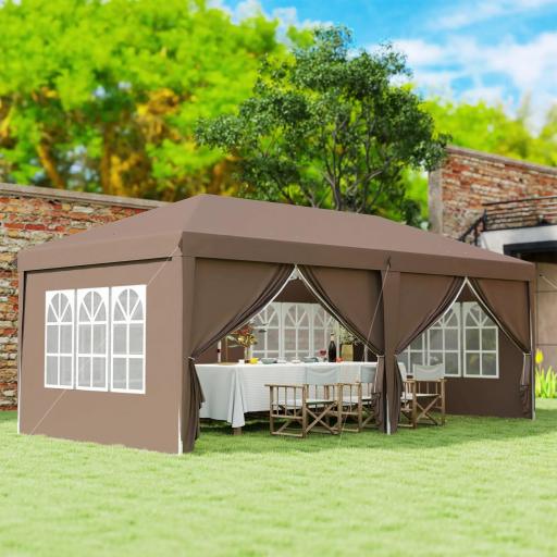 Carpa Plegable 6x3 m Pop-up con 4 Laterales Desmontables Cenador de Jardín con 4 Ventanas y Bolsa de Transporte Café [6]