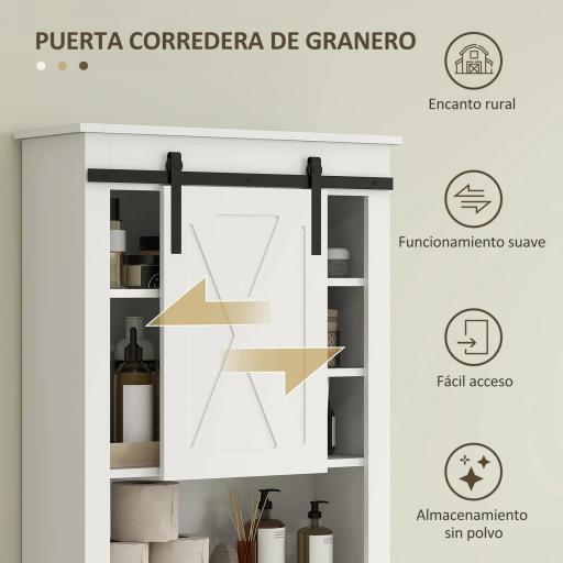 Mueble sobre Inodoro para el Baño con Puerta Corredera de Granero y 6 Compartimentos Estilo Rústico 67x25x172 cm Blanco [7]