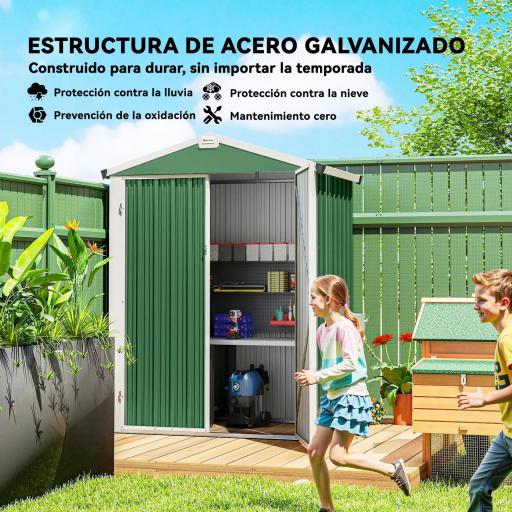 Cobertizo de Jardín Exterior 1,1 m² 133x87x178 cm con 2 Puertas Correderas Techo Inclinado y Guantes Verde [4]