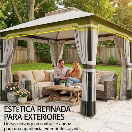 Carpa para Jardín con Techo Doble Cenador con 4 Paredes y Mosquitera para Exterior Terraza 360x300x279 cm Gris Claro [3]