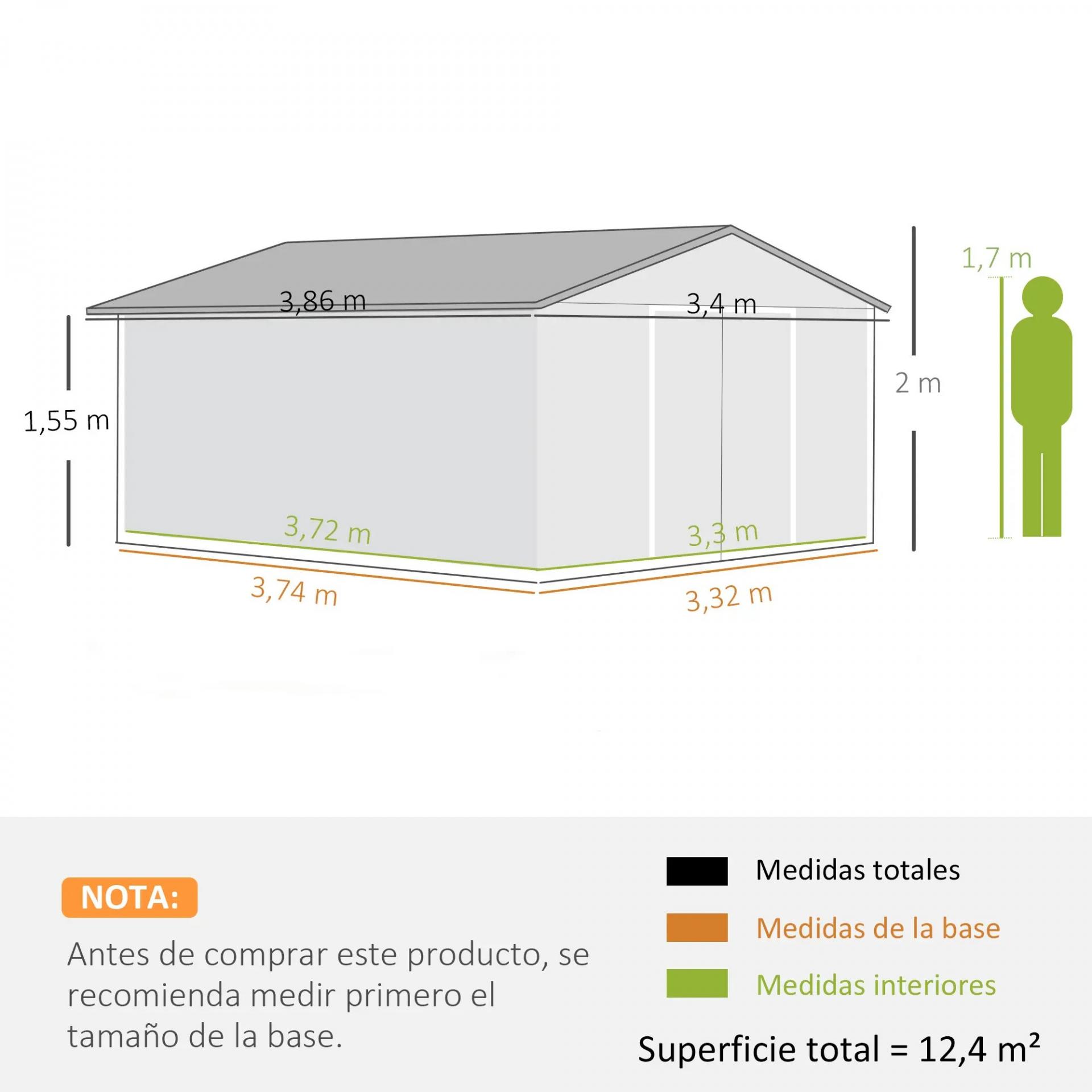 Cobertizo de Jardín Exterior 12,4 m² 340x386x200 cm con Puerta Corredera Techo Inclinado y 4 Ventanas Marrón