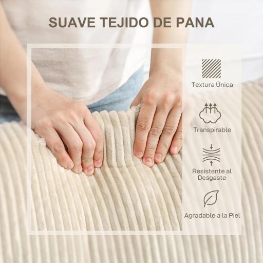 Sofá de 3 Plazas Tapizado en Pana con 2 Almohadas Reposabrazos y Cojín de Muelles para Salón 212x80x88 cm Crema [5]