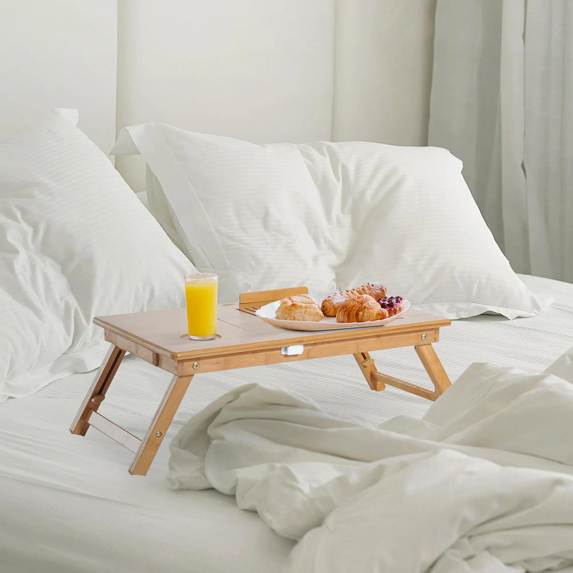 Mesa Plegable de Bambú, Mesa de Ordenador Portátil, para Cama y Sofá, Altura Ajustable, Cajón, Patas Plegables, para Leer, Escribir, Comer, Trabajar, Natural