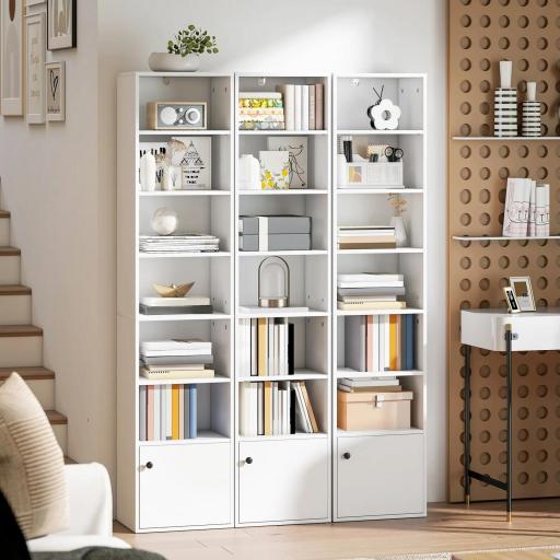 Librería de 7 Niveles Estantería para Libros Moderna con Estantes Abiertos y Puerta 40x30x180 cm Blanco [7]