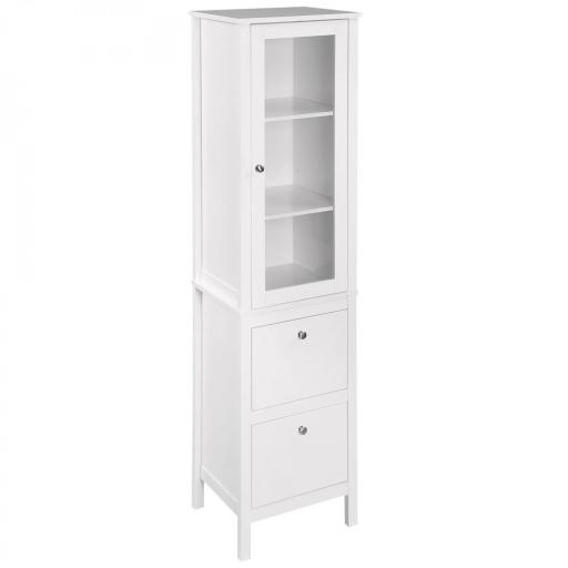 Armario Alto para Baño Mueble Columna de Baño con Puerta de Cristal Estantes Ajustables y 2 Cajones 43x35x160 cm Blanco [9]