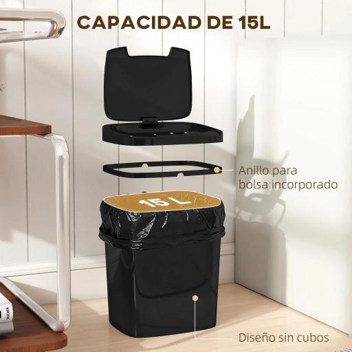 Cubo de Basura Cocina Automático 15 L con Sensor Infrarrojo y Modo Manual Anillo de Retención Antihuellas Negro [4]