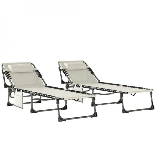 Set de 2 Tumbonas Plegables con Reposacabezas Bolsillo Lateral y Respaldo Reclinable en 5 Posiciones Blanco Crema [6]