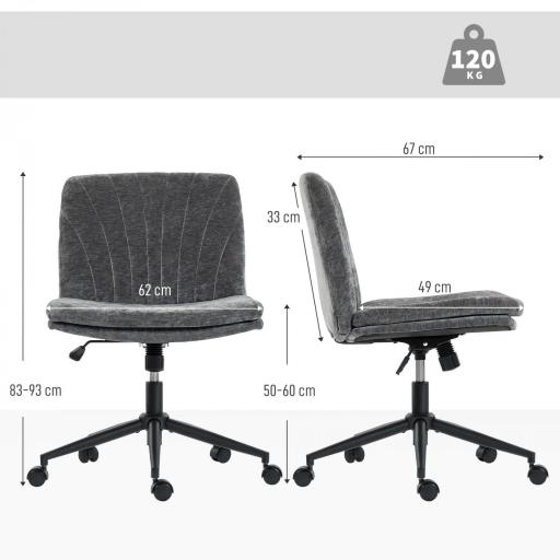 Silla de Oficina con Asiento Ancho sin Reposabrazos Ruedas Altura Ajustable Giratoria Función Basculante Gris [1]