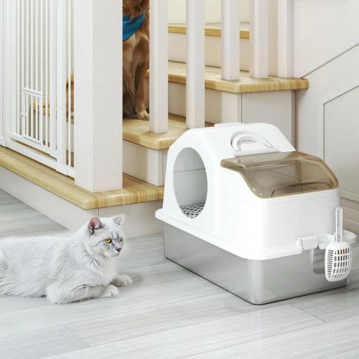 Arenero para Gatos Cubierto con Bandeja de Acero Inoxidable Tapa Extraíble Bordes Altos Fácil de Limpiar Blanco [3]