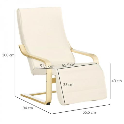 Sillón de Salón con Reposapiés Ajustable Silla Relax Butaca Tapizado en Tela para Oficina Dormitorio 66,5x94x100cm Crema [3]