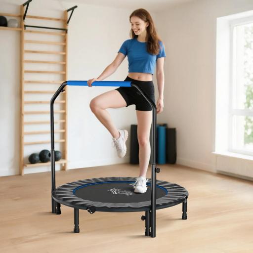 Trampolín de Fitness Adultos Ø122 cm, Cama Elástica Plegable con Mango Ajustable de 4 Niveles Negro y Azul
