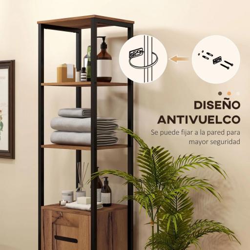 Columna de Baño Estrecha con Puerta de Lamas Estantes Ajustables Compartimentos Abiertos 37x30x167 cm Marrón Rústico [4]