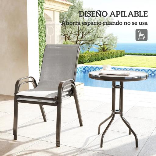 Conjunto de Jardín de 3 Piezas con Mesa Redonda Encimera de Vidrio y Sillas Apilables para Exteriores Gris Claro [5]