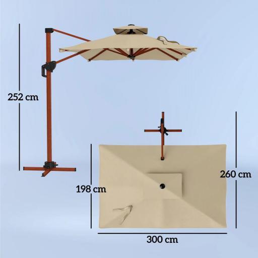 Sombrilla de Jardín Excéntrica de Aluminio 300x198x252 cm con Protección UPF50+ y Base Cruzada Giratoria 360° Caqui [1]