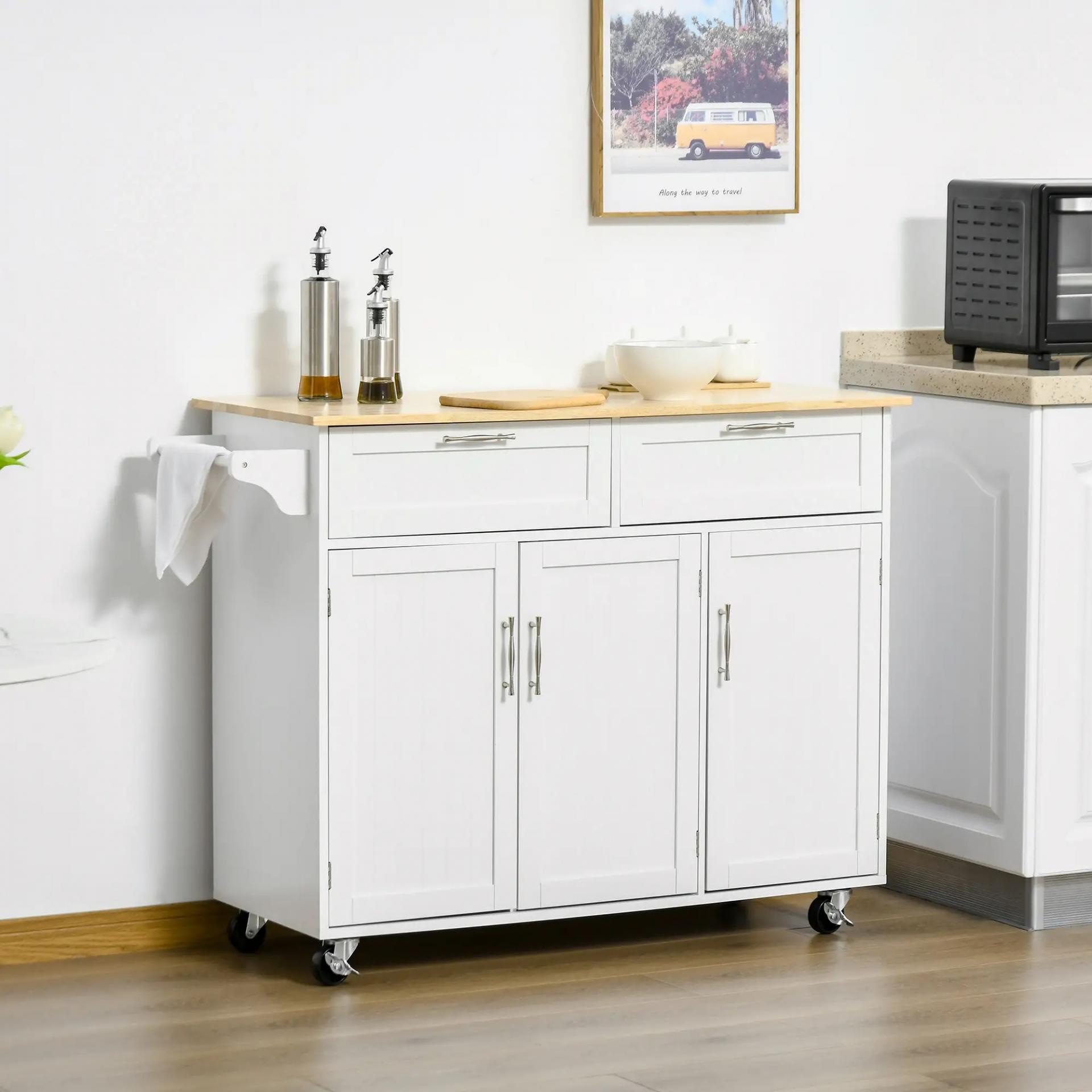 Carro de Cocina Mueble Auxiliar de Cocina con 2 Cajones 6 Puertas y Barra Lateral 121x46x91 cm Roble y Blanco