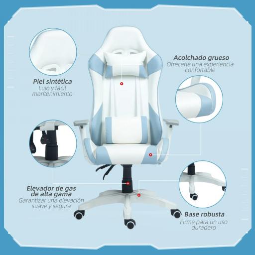 Silla Gamer con Cojín Lumbar Reposabrazos Ajustable Reposacabezas Extraíble y Altura Ajustable 67x60x120-128 cm Azul [1]