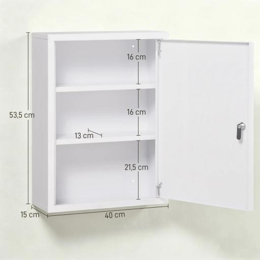 Botiquín de Pared Armario de Medicinas de Acero Armario con 3 Estantes y 2 Llaves para Baño 40x15x53,5 cm Blanco [1]