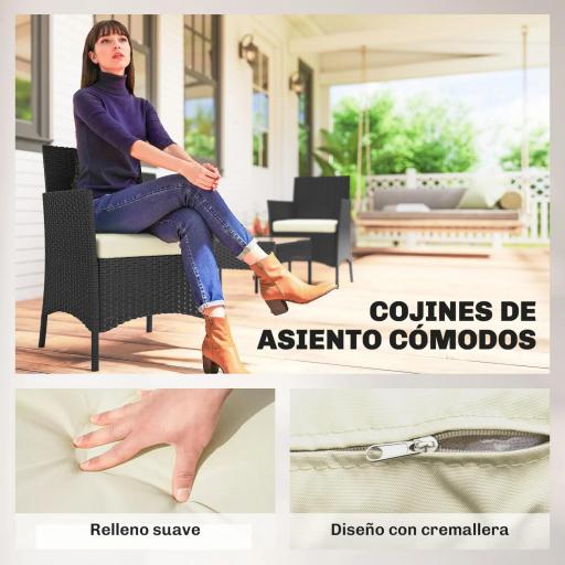 Conjunto Muebles Jardín de Ratán Sintético con Sofá Sillones y Mesa de Vidrio Templado y Cojines Negro y Crema [5]