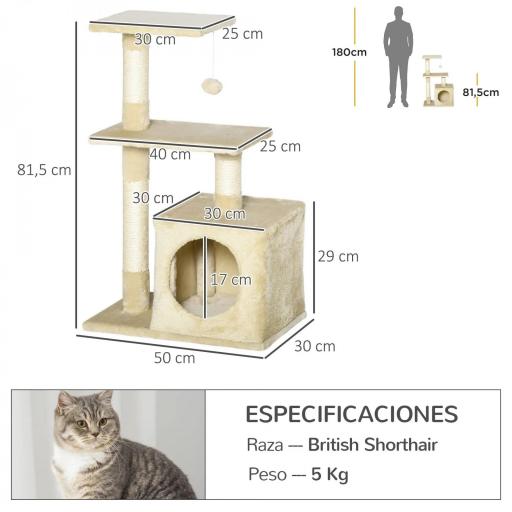 Árbol Rascador para Gatos 81,5 cm Torre para Gatos con Postes de Sisal 2 Plataformas Cueva y Bola Colgante Estilo Elegante 50x30x81,5 cm Beige [1]
