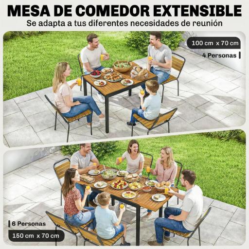 Mesa de Jardín Extensible 100/150x70 cm de Madera y Metal con Agujero para Sombrilla para 4-6 Personas Teca [4]