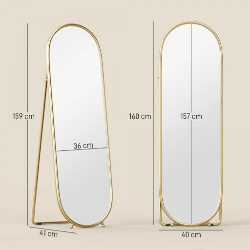 Espejo de Pie Cuerpo Entero Ovalado 160x40 cm con Marco Metálico 2 Formas de Uso Independiente y Apoyado Dorado [1]